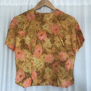 Vintage 1960s Floral Button Back Blouse Cropped